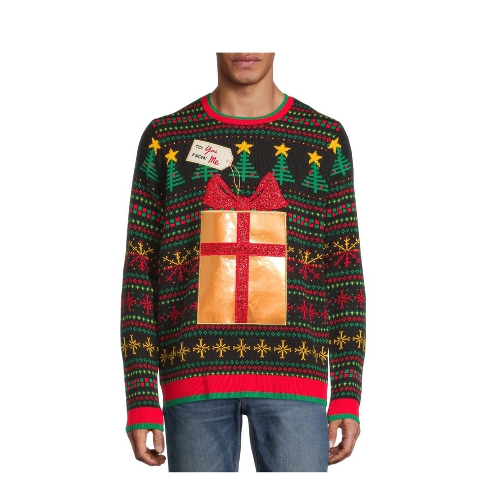 Holiday Time Ugly Christmas Sweater Black Golden Gift Bow Festive Mens Medium